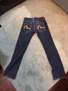 Evisu Korea Men's Dark Blue Slim Straight Jeans with Yellow Pocket Motif